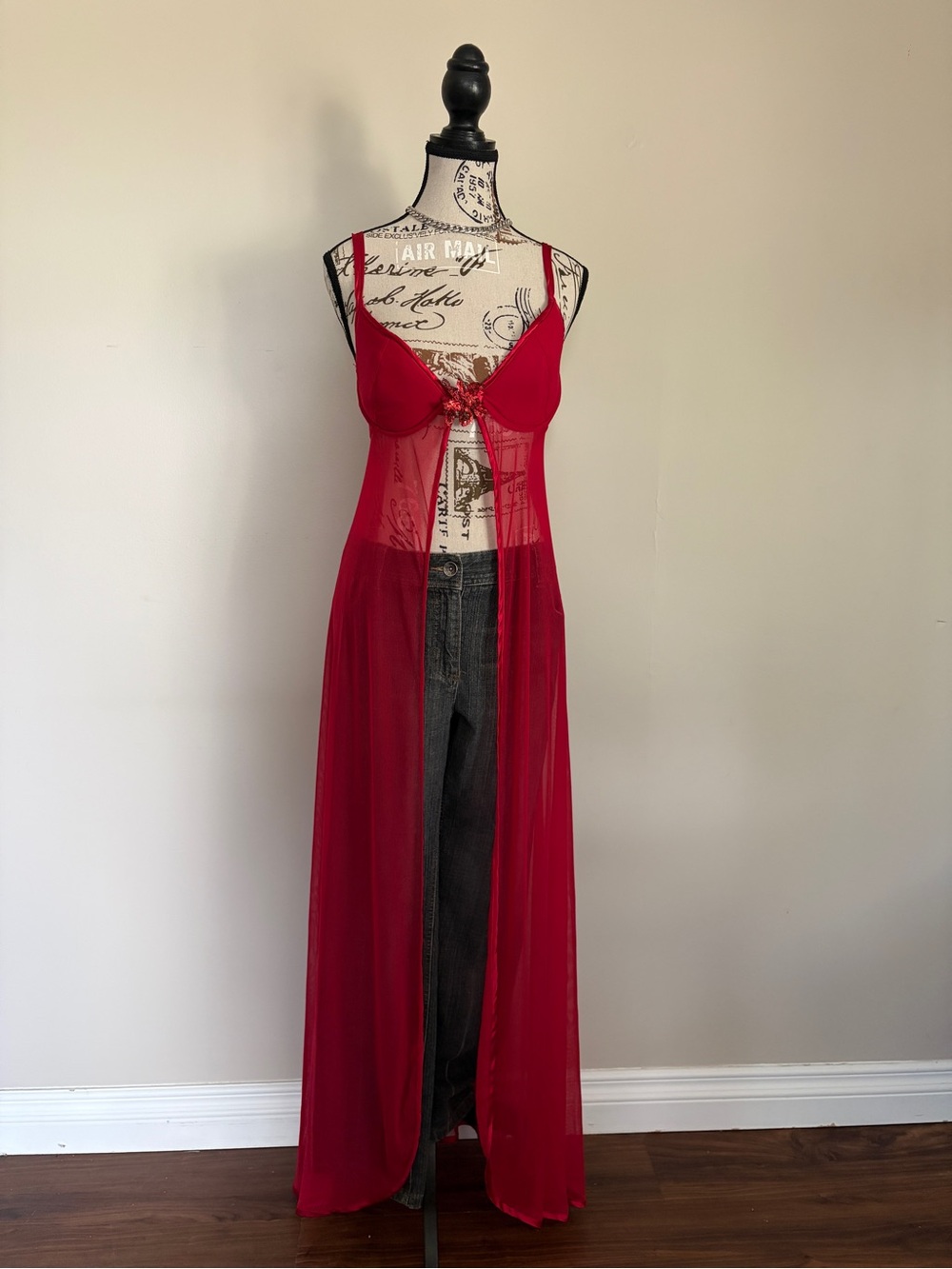 Y2K La Vie En Rose Red Sheer Mesh Open Front Lingerie Maxi Slip Flyaway Top